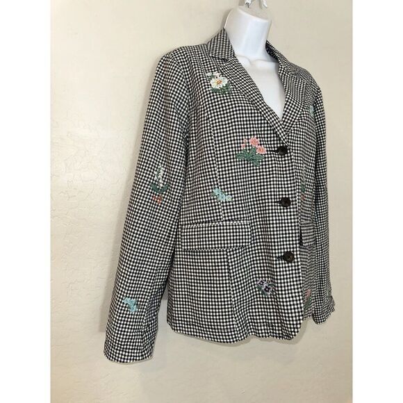 Sundance Cotton/Linen Blend Gingham With Embroidered Flowers Blazer Size Large - Picture 2 of 5